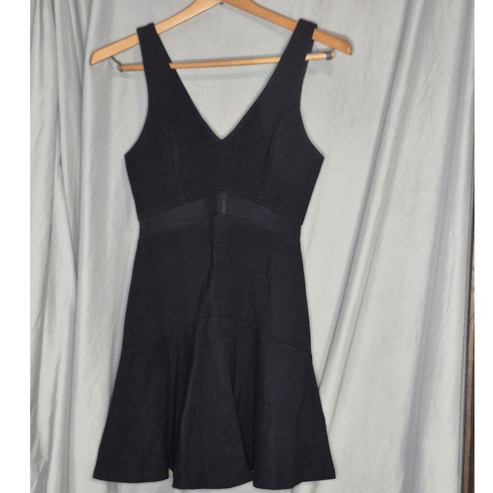 ASTR the Label Black V-Neck Mesh Waist Fit and Flare Mini Dress ALD41163 Small